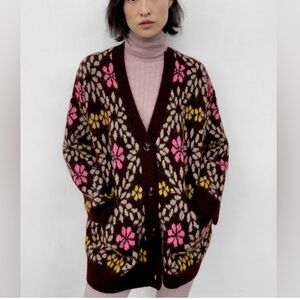 Zara Jacquard Floral Cardigan Knit Sweater oversized size small brown pink